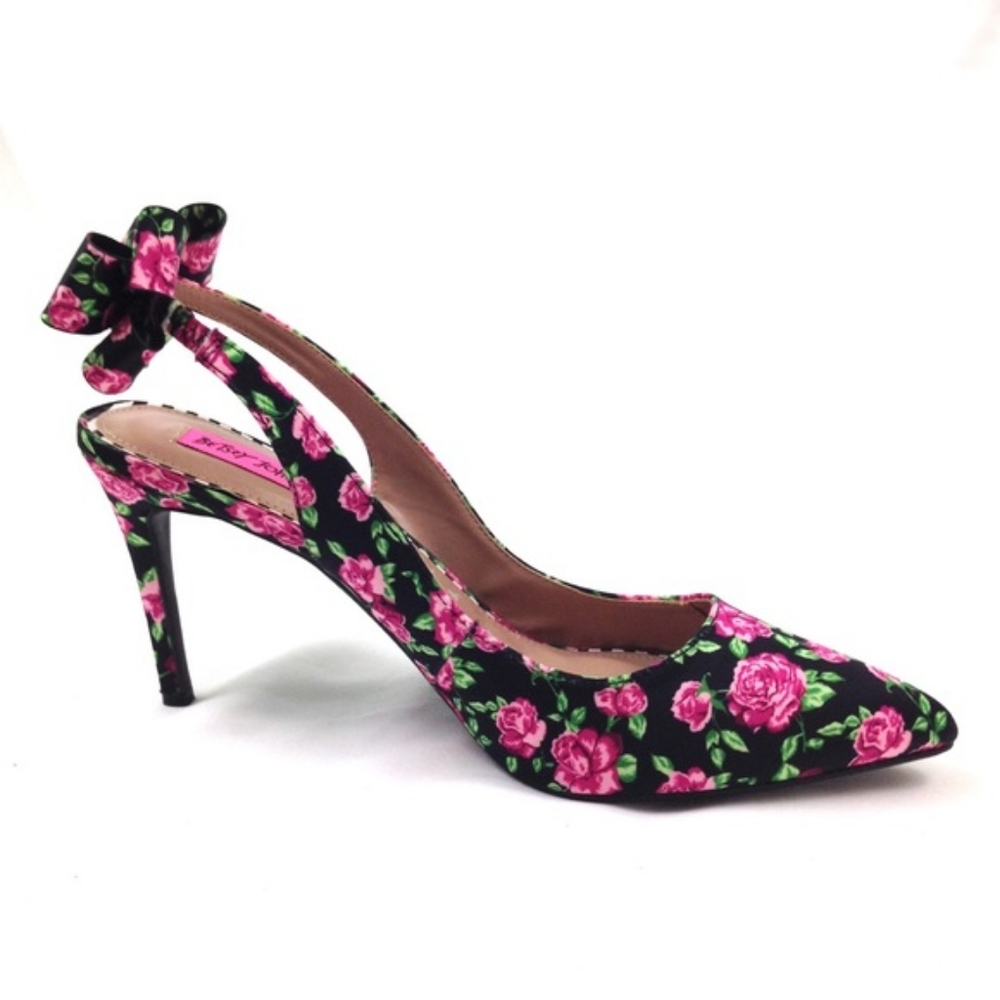 Betsey Johnson Beka Black slingback heels with Flower print pattern